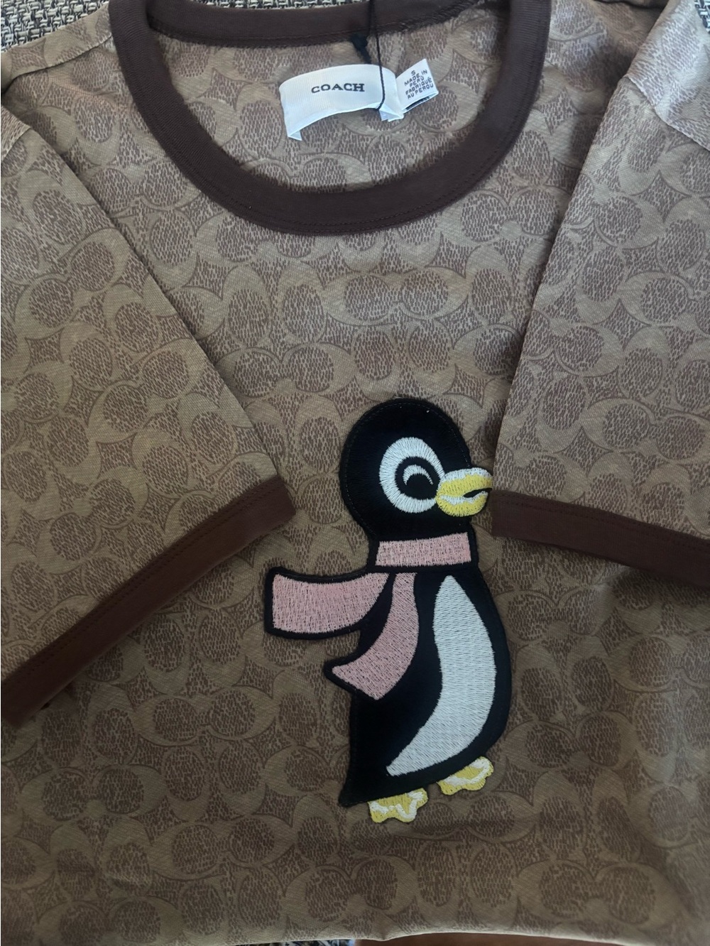 Coach Beige Brown Monogram Top with Penguin Patch